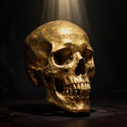 a dark ominous chiaroscuro baroque still life photo of a ray of god light shining on a floating golden skull completely covered in ancient runic engravings inscriptions about prophecies, spells, ominous darkness background. weirdcore