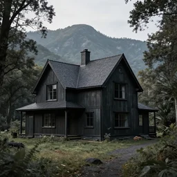charcol brutalist house on a secluded mountain with trees around