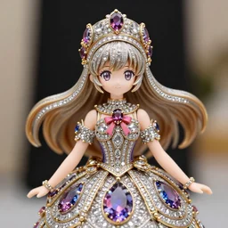 detailed jewel figurine depicting anime magical girl, made by faberge. macro photography.