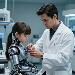 professional shot of a scientist thin latino male in his tech lab, helping a female girl change their cyborg parts. from love death and robots ( 2 0 1 9 ). coherent portrait, intricate, elegant, highly detailed, digital photo, trending on artstation, hdr photo, smooth, sharp focus
