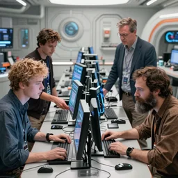 four men building computers, young rick morris, young james spader with blond hair, young tim robbins with a bushy brown beard, pete buttigieg, and bill freeland, far future, highly detailed, trending on artstation, intricate, cinematic composition, by rutkowski