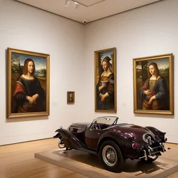 art gallery full of paintings, renaissance art, classic car exhibit, classic car art exhibit