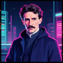 nikola tesla in hoodie, thin, portrait, vaporwave, synthwave, neon, vector graphics, cinematic, volumetric lighting, f 8 aperture, cinematic eastman 5 3 8 4 film, photorealistic