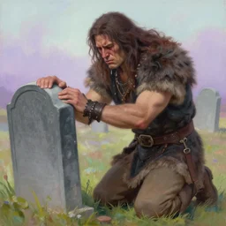 Fierce barbarian kneeling down and crying at her lover's gravestone, sad, pastel painting, realistic, emotional, trending on twitter