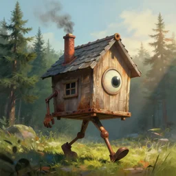 a walking wood and metal house with two legs and one big eye, smoky chimney, rust, hyperrealistic, highly detailed, cinematic, single ray of sun, morning, pareidolia, dynamic composition, gravity falls style, disney, ghibli, beautiful, pine trees in the background, cgssociety, artstation, 8 k, oil painting, digital art