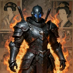 composition portrait of gothic and futuristic, warhammer, cyber japan style armor, more and more scars, firestorm, darkslategray, lightning in eyes, highly detailed, artstation, in the style of moebius, jugendstil and classic japanese print, art by jean delville and rene magritte