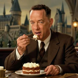 tom hanks as forrest gump eating a cake in hogwarts, digital art, highly detailed, artstation, award winning, in the style of Irina French
