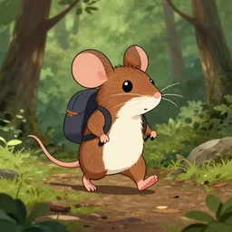 anthropomorphic mouse hiking in the woods