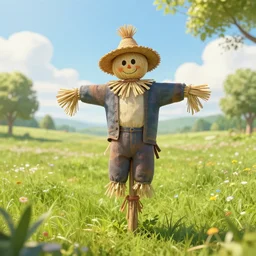 beautiful fantasy meadow, sunny day, scarecrow, 4K trending on artstation