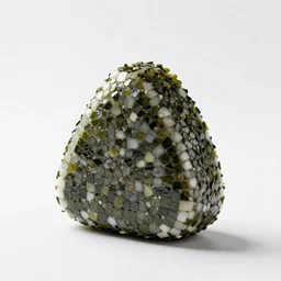 mosaic onigiri, studio product photography, isolated on a pure white background, centered, entire object in frame, sharp focus, soft studio lighting