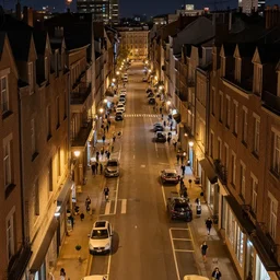 high quality photograph of two city streets at night, photo taken at eye height, extremely wide angle, nightlife, people walking, 4 k professional photograph, nice place to live, midrise buildings, narrow streets, soft warm street lamps, small windows, cozy, trending on artstation, detailed, beautiful, photograph, realistic