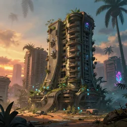 a beautiful detailed rendering of urbex abandoned architecture townhome by zaha hadid, liberty city steampunk studio ghibli at dawn uv light synthwave universe vice city morning sun desert sea neon noir crystal wilderness azeroth rainforest dramatic lighting, archdaily, wallpaper, highly detailed, trending on artstation.