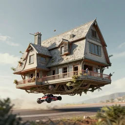 Simón Staalhag Style, flying house Modernist architecture, in a race competition, ealistic, Many Details, Ultra Detailed, Octane Render, Real Engine 5 Cinematic, Realistic, Intricate Detail, Finely Detailed, Small Details, Extra Detail, Extra Detail, Extra Detail, Extra Detail More details, tiny details, high resolution, 3D, PBR, path tracing, volumeric lighting, octane render, Arnold Render, 8k