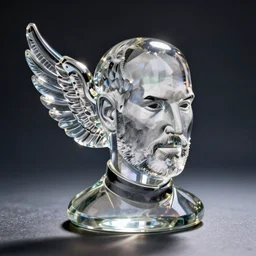 A transparent crystal glass statue of Steve Jobs head with wings on his back, studio photography, detailed, in focus