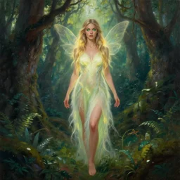 Full body photo of the beautiful goddess Lana Rhoades as dryad, she has those characteristic sparkling green eyes, she is looking straight to the camera, she has a glow coming from her, she is getting illuminated for rays of light, behind is an ancient forest full of life, she is posing, the photo was taking by Annie Leibovitz, matte painting, oil painting, naturalism, 4k, 8k