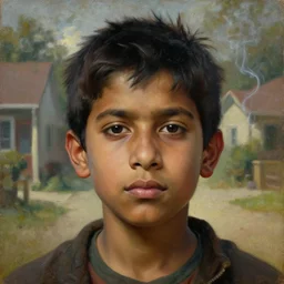 a beautiful cinematic masterpiece classical headshot closeup portrait of a stoner indian boy, stoned, tripping, centered, head only, by willem claesz. heda, by ralph mcquarrie, by tim hildebrandt, by greg rutkowski, oil on canvas, ornate, suburban, brilliant lighting, smoke, chiaroscuro, detailed, no frames, 8 k
