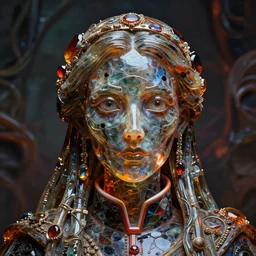 detailed portrait, bishop priestess, gaunt molten glassworks face sculpted features, large eyes, statuesque, glass skin, fiberglass hair, tech noir, opulent, encrusted, jewel, refractions, chiaroscuro, organic impressionism, deep backdrop, natural colors, octane render