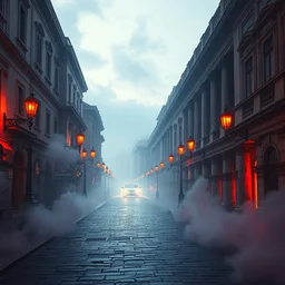 a cyberpunk digital art of a street in ancient rome, beautiful digital art, volumetric lighting, thick smog, steam, orange street lamps, highly detailed, professional, washed out colors