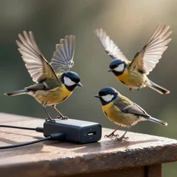 Birds plugged into their USB chargers, recharging