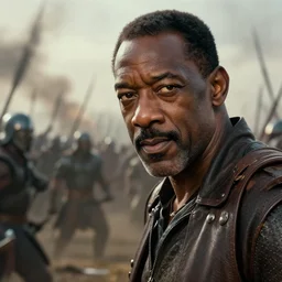 close up cinematic artwork of bill cosby warrior paint staring down the enemy on the battlefield by greg rutkowski, 4 k, masterpiece