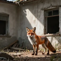 fox in an abandoned building, post apocalyptic