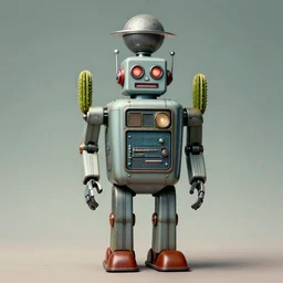 extreme wide shot of a 1950s retro Cactus robot, with space above the head. Full Body. Bionic Arms and eyes. pop surrealism, muted colours. by Jean-Baptiste Monge, wide shot