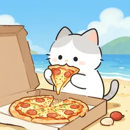 digital drawing of a cat eating pizza on the beach by matt groening