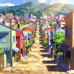 city street, sloped street, city on mountainside, street scene, colorful buildings, cel - shading, 2 0 0 1 anime, flcl, jet set radio future, golden hour, japanese town, concentrated buildings, japanese neighborhood, construction site, cel - shaded, strong shadows, vivid hues, y 2 k aesthetic