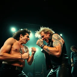 syd vicious and johhny rotten, fighting baackstage, press photograph, high contrast, flash photography, wide angle