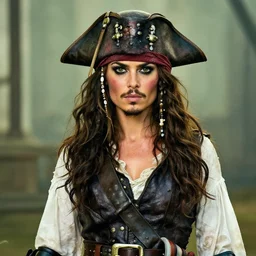 promotional image of kiernan shipka as a gritty pirate captain in the new Pirate of the Carribean movie, dark stormy weather, detailed face, movie still frame, promotional image, imax 70 mm footage