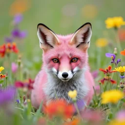 pink fox head popping out of a field of multi colored flowers by Kilian Eng