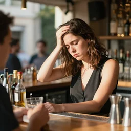 a tired and over-heated young female bartender with brown hair serving people alcohol under the hot sun, photograph, 4k UHD