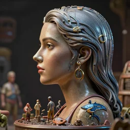 highly detailed closeup, profile portrait of a tin toy nuclear diaster, bikini, unreal engine, nicoletta ceccoli, mark ryden, earl norem, lostfish, global illumination, detailed and intricate environment