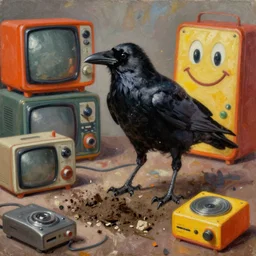 a raven digging through 8 0 s era technology, vintage shapes, retro technology, happy color, wayne barlow, oil on canvas, deep depth field, masterpiece, cinematic composition, hyperdetailed