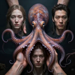 hyperrealistic mixed media image of a cephalopod with proportional human hands, stunning 3 d render inspired art by greg rutkowski and xiang duan and thomas eakes, perfect symmetry, realistic, highly detailed attributes and atmosphere, dim volumetric cinematic lighting, 8 k octane extremely hyper - detailed render, post - processing, masterpiece,