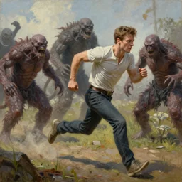 ( ( a beautiful 8 k photorealistic masterpiece oil painting ) ( of ( a man running ) ( monsters try to kill him ) ) ( hyperrealism ) ( 1 6 k ) ( trending on artstation )