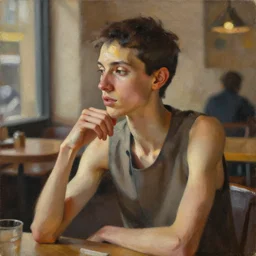 snapshot portrait of a person at a cafe, ethnic, realistic face sculpted features, thin and statuesque, conversation, warm glow, radiant, bathed in light, chiaroscuro, specular highlights, angular impressionism, natural color scheme, earthy tones, modern fashion, contemporary art, gestural oil on canvas