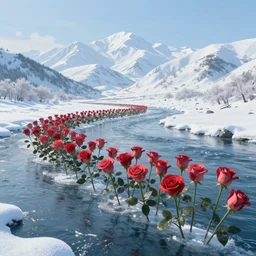 roses are frozen in a long river with a snow - white mountain range in the background, unreal engine, ultra hd, highly detailed by nausicaa ghibli