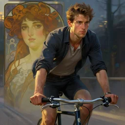 Ben Shapiro riding a bike, sigma male, accurately portrayed, portrait art by alphonse mucha and greg rutkowski, highly detailed, digital painting, concept art, illustration, dim lighting with twilight rays of sunlight, trending on artstation, very detailed, smooth, sharp focus, octane render, close up