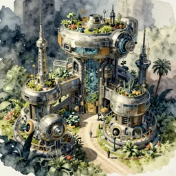 machine garden, intricate watercolor cyberpunk illustration by tim doyle
