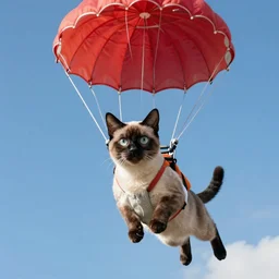 a Siamese cat skydiving parachute open, photo realistic, 4k, realistic lighting, octane render