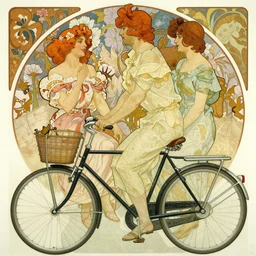 three people share a bike, front and rear seats, lovely, by alphonse maria mucha