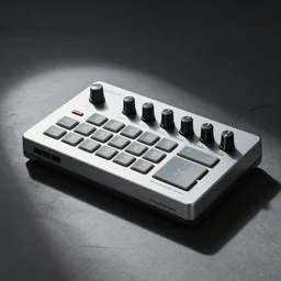 “Futuristic attractive pocket synthesizer with physical buttons and knobs designed by Dieter Rams”