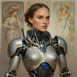 portrait of natalie portman, robot dieselpunk, horizon zero dawn machine, intricate, elegant, highly detailed, ray tracing, digital painting, artstation, concept art, smooth, sharp focus, illustration, art by artgerm and greg rutkowski and alphonse mucha, 8 k