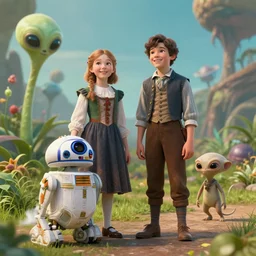 a girl and a boy standing next to some alien plants, looking happy and wearing 1865 style clothes, their pet droid is nearby, while a small cute alien creature is standing behind them, in a park on a alien planet, ultra realistic facial details, enhanced faces, ultra photorealistic raytracing, 8k