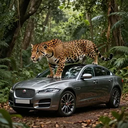 jaguar the animal in the forest but it has the body of a jaguar car, professional natural geographic jungle photo