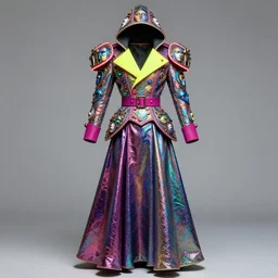 fashion photo in m. c. escher style of an insanely integrate elaborate shiny hooded steampunk livree jacket is textured with multicolored holographic faces and big yellow neon collar, magenta belts and buttons, big shoulder polsters with glowing red edges, shiny long multicolored holographic wide long bell skirt, detailed fold fall,