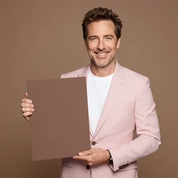 bob odenkirk, grinning, wearing a light - pink suit, holding a brown chocolate birthday cake, 3 7 numbered candles, studio photograph, cinematic lighting, symmetrical face