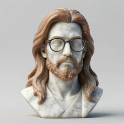 a marble statue of a guy very long brownish! hair!, with nerdy! glasses! and goatee, octane render