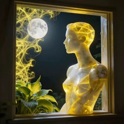 beautiful mannequin sculpted out of onyx, lit with 3 d geometric neon, looking out a window opening with neon yellow fractal light, hosta flowers, moon in background, dramatic, rule of thirds, award winning, 4 k, trending on artstation, photorealistic, volumetric lighting